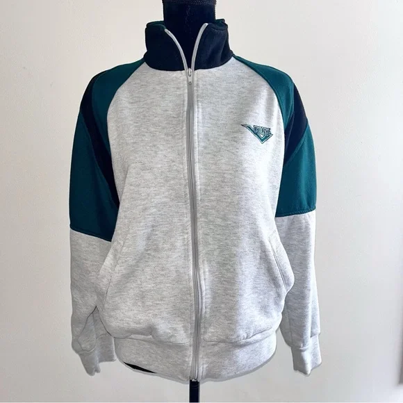 PONY Vintage Full Zip Sweatshirt Adult Medium 80s 90s Gray Green - Picture 4 of 7